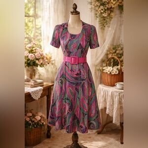 Vintage 1970s Home Sewn Vibrant Multicolor Polka Dot Midi Day Dress